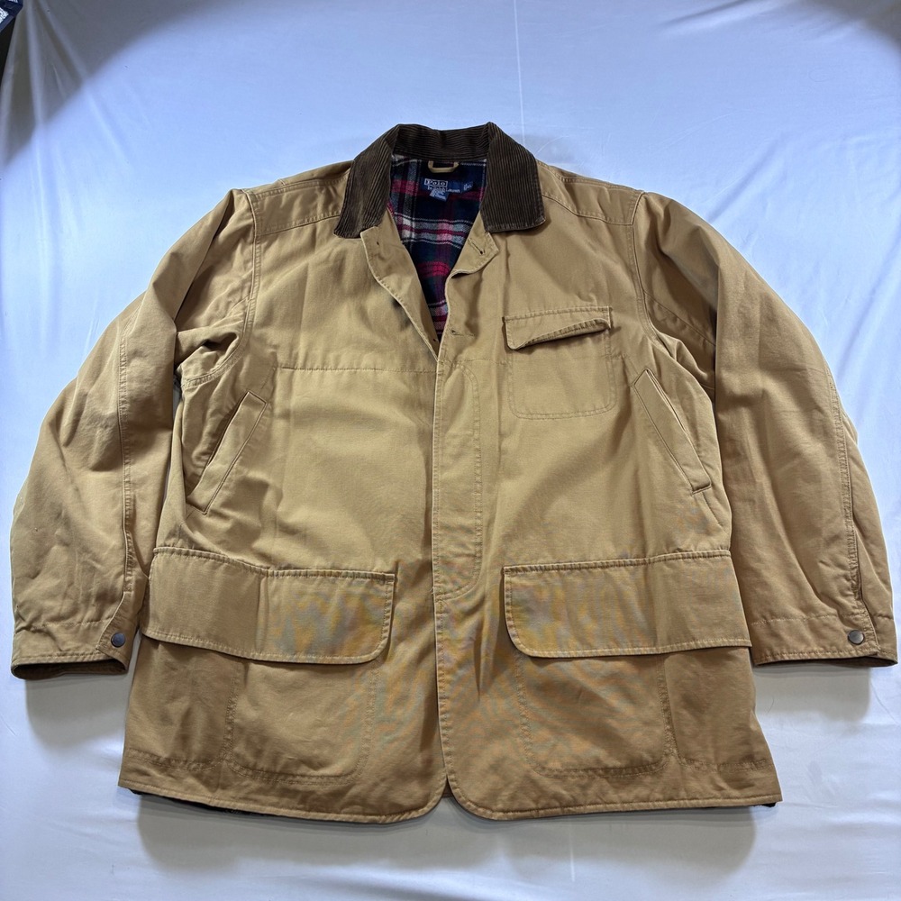Polo Ralph Lauren Mens XL Tan Canvas Barn Jacket Plaid Flannel Lined Field Coat